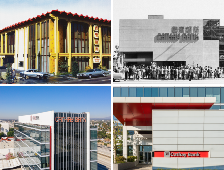 Photo collage of Cathay Bank corporate building and branches 