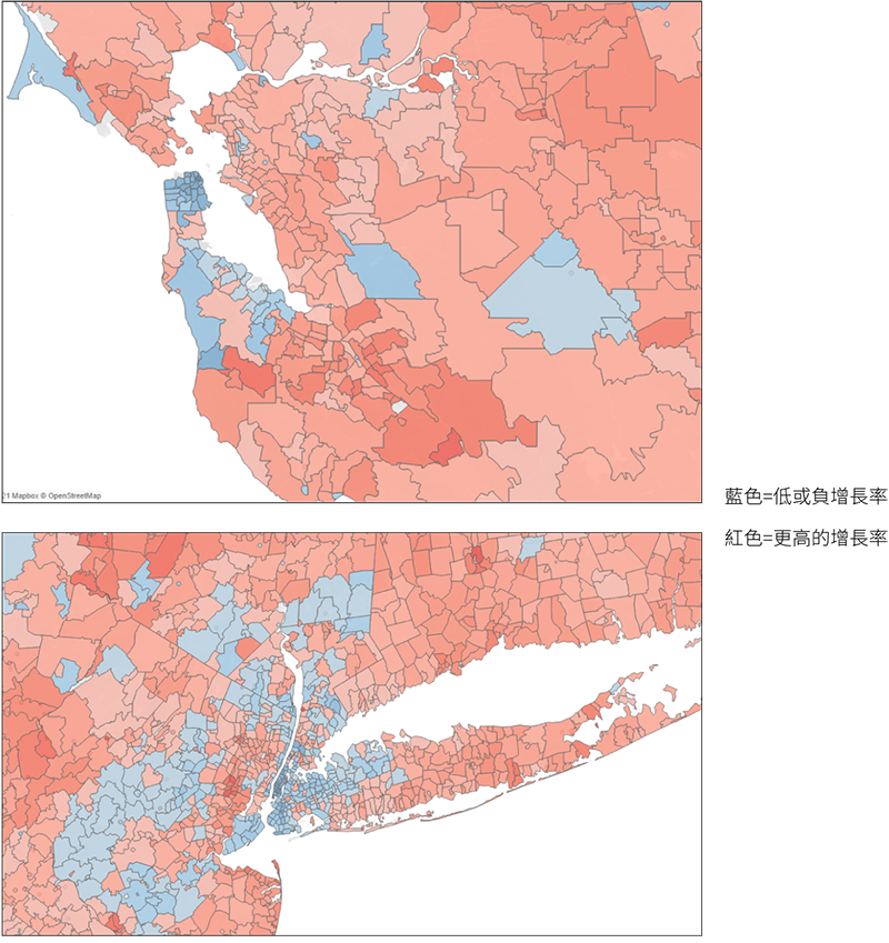 Figure 13. Year-over-year Growth Rates of the Zillow Mid-Range Home Value Index by Zip Code in the Bay Area and New York, December 2019 to December 2020