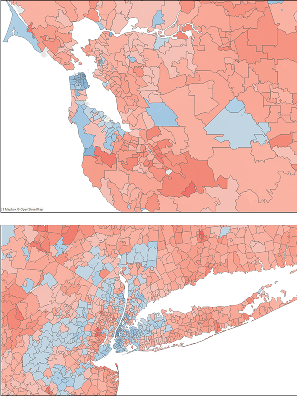 Figure 13. Year-over-year Growth Rates of the Zillow Mid-Range Home Value Index by Zip Code in the Bay Area and New York, December 2019 to December 2020