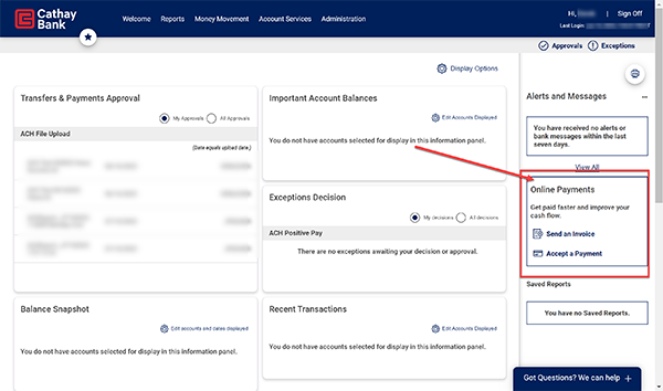 Una muestra web del sistema bancario en línea de Cathay Bank con una flecha roja y un cuadrado rojo que se enfoca en el servicio de pagos en línea y Autobooks.