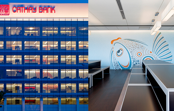 Cathay Bank’s El Monte Corporate Building with multicolored fish murals. Murals across floors combined into a larger scale artwork.