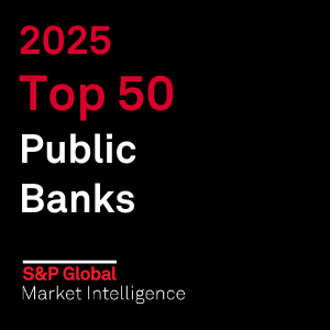 Graphic with black background displaying red and white text that reads: 2025 Top 50 Public Banks’ and ‘S&P Global Market Intelligence.