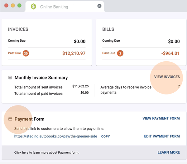 A screenshot of the Autobooks interface, showing the online banking page. 