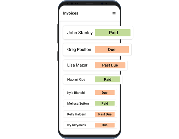 A screenshot of an Autobooks user tracking payment records by different business clients via its app.  