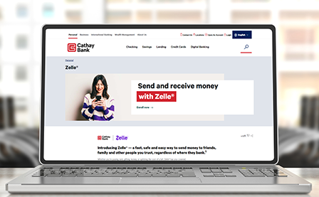 A desktop screen showing the product page of Zelle® the Cathay Bank website.