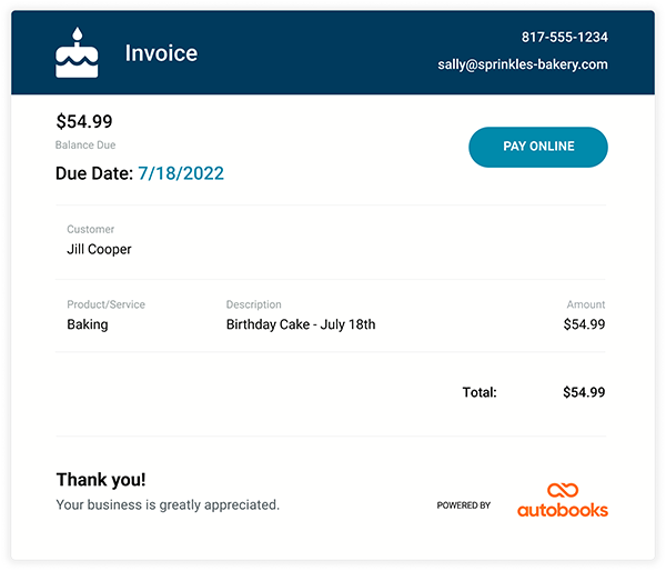 A screenshot of an electrical invoice generated and sent out by Autobooks to its user’s business clients.  