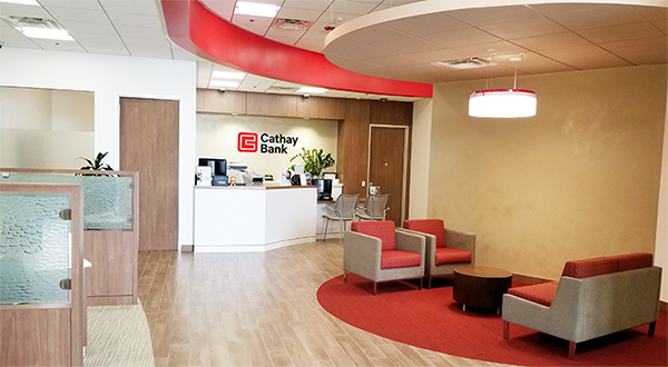 Cathay Bank Temple City Branch with open-concept reception constructed in 2018.