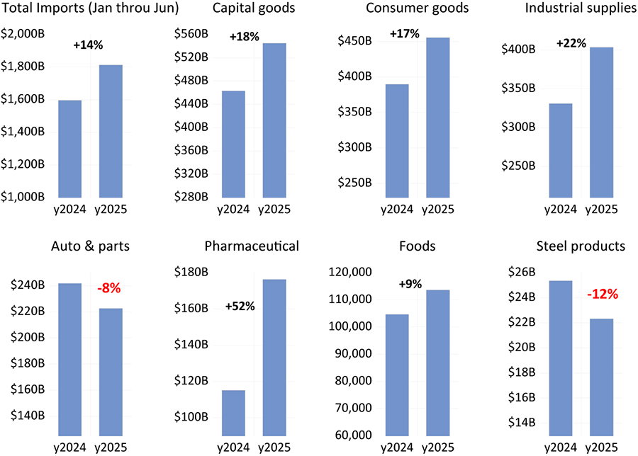 Bar graph showing U.S. Goods Imported in the First Six Months of 2024 and 2025