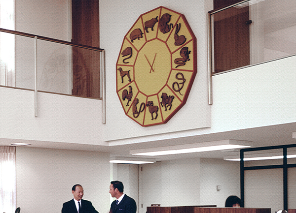 A clock with the Chinese Zodiac inside Cathay Bank’s Los Angeles Chinatown Branch