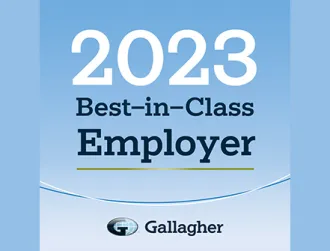 2023 Best In Class Employer logo for Gallagher over a light blue background.