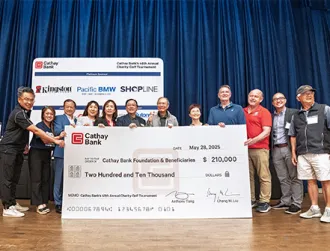 Cathay Bank presents a $210,000 check to representatives from local nonprofits who will benefit from the funds raised at the bank’s golf tournament event.