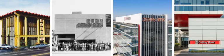 Photo collage of Cathay Bank corporate building and branches 