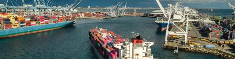 Storage containers are being transported over an international port overlooking the ocean.