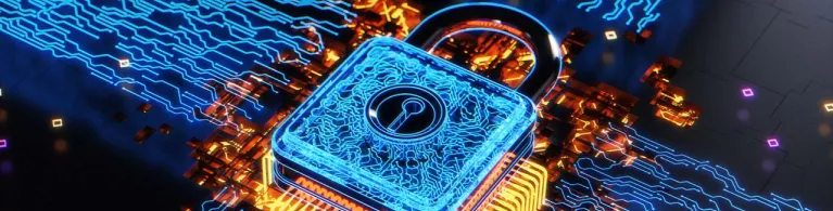 A graphic design depicts a blue padlock over a dark background with orange and yellow embers surrounding it to emphasize the importance of cybersecurity.