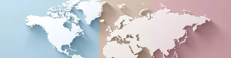 A world map with an overlay of blue and peach pink colors.