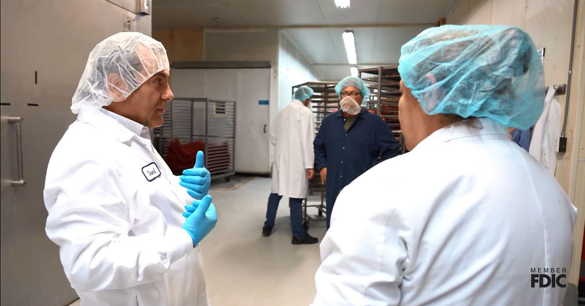 Beef Jerky Factory CEO Waleed Saab speaking with his employees at the company’s factory. 