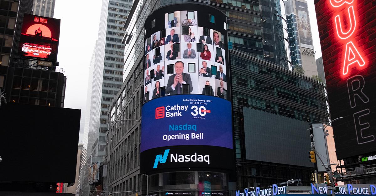 Cathay Bank team celebrating Cathay General Bancorp’s 30th anniversary on Nasdaq at Nasdaq’s virtual bell ringing ceremony. 