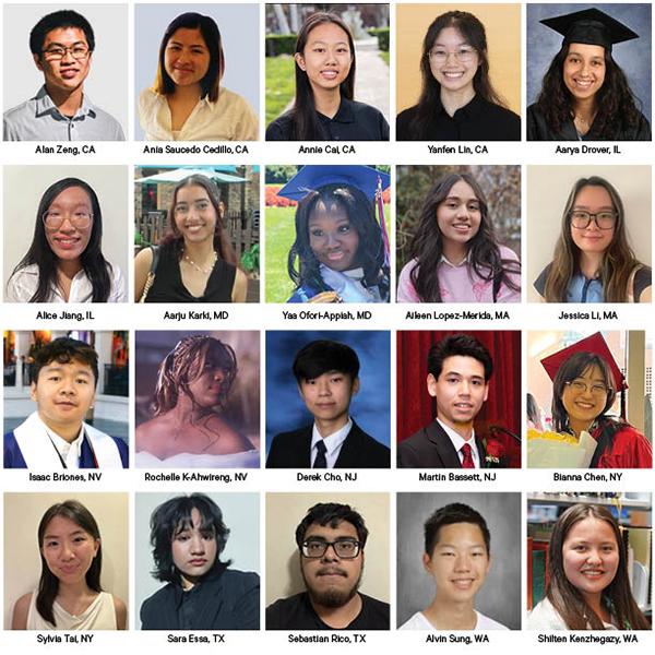 二十名高中生被分组排列在照片格中，宣布他们为国泰银行基金会奖学金计划的奖学金得主。