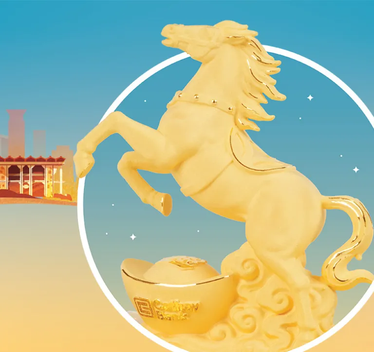 A festive illustration featuring a golden horse statue with a gold ingot, a small horse-shaped Cathay Bank money bank, and a backdrop of Chinatown-style architecture and flowers against a blue sky.