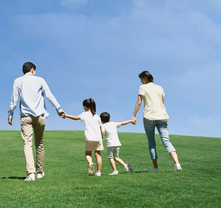 A group of four individuals walking hand in hand up a grassy hill on a sunny day, shown from behind. The sky above them is bright blue with scattered clouds.
