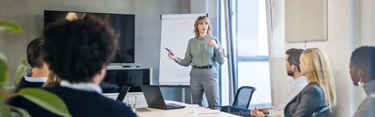 A female professional stands in front of her colleagues in a conference room, while delivering a business presentation.