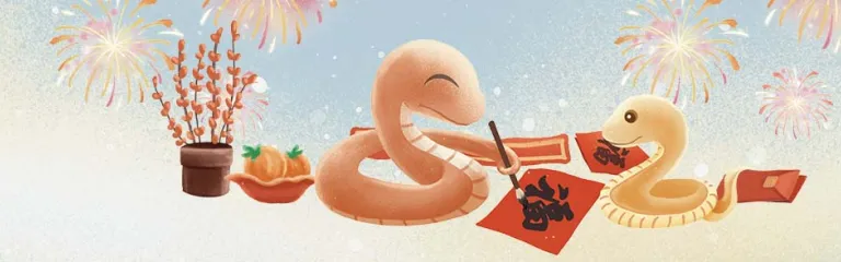 Two animated snakes sit over a rug happily writing the Chinese character for "Fu" on red couplet for the upcoming lunar year.